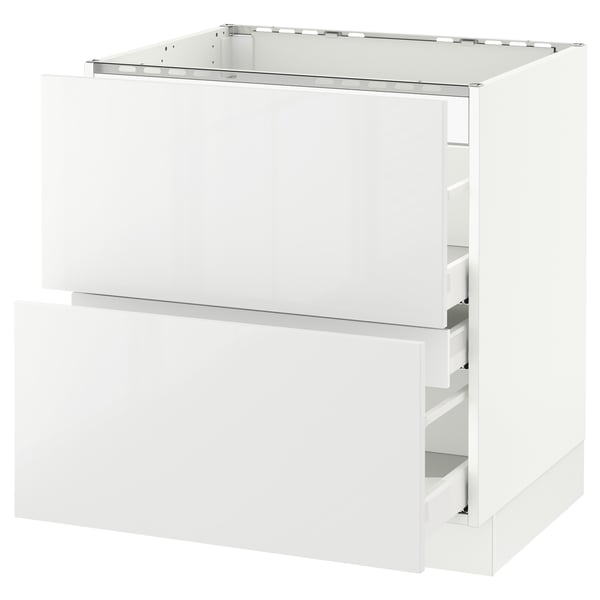 White, modern kitchen cabinet with metal handles, sleek design.