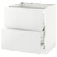White, modern kitchen cabinet with metal handles, sleek design.