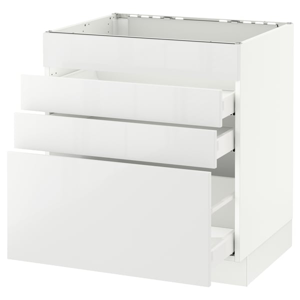 Modern white ikea SEKTION kitchen cabinet with three drawers, glossy finish, rectangular shape.