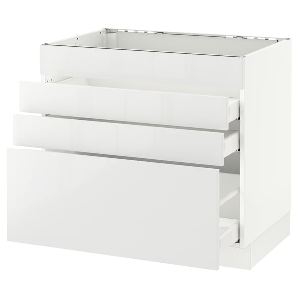 White ikea SEKTION kitchen cabinet with three drawers, glossy finish, full-extension.
