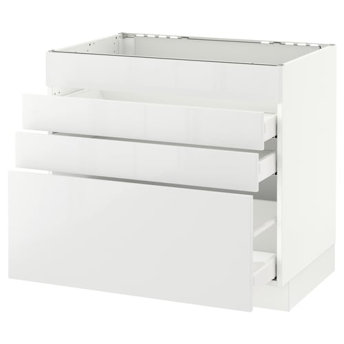 White ikea SEKTION kitchen cabinet with three drawers, glossy finish, full-extension.