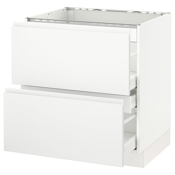 White kitchen cabinet with two drawers, glossy finish, rectangular shape, modern design.