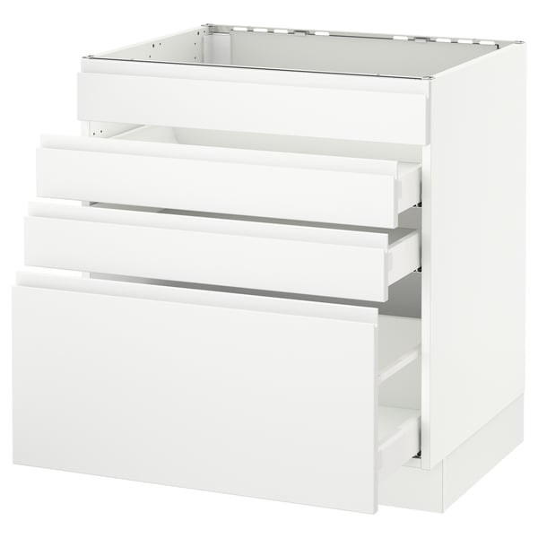 Modern white kitchen cabinet, sleek minimalist design, four drawers, sturdy frame.