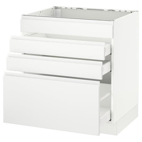 Modern white kitchen cabinet, sleek minimalist design, four drawers, sturdy frame.