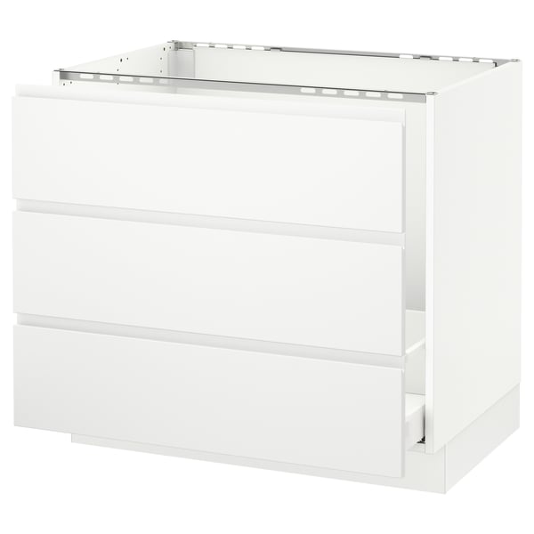 An ikea SEKTION kitchen cabinet in white with three drawers and a glass top rail.
