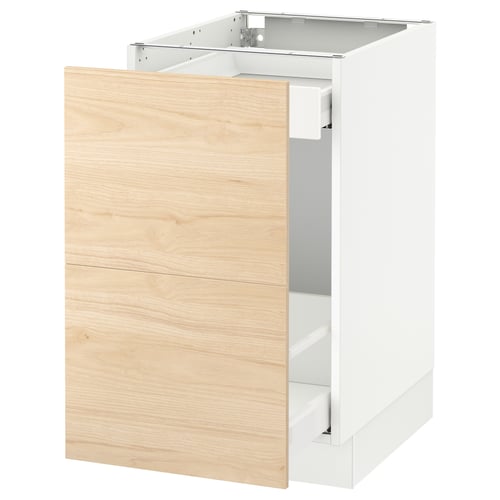 A white SEKTION kitchen cabinet with light ash wood drawers. It a sturdy frame with smooth-running drawers.