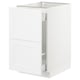 This image shows a white SEKTION kitchen cabinet with two drawers and one door, made from particleboard and fiberboard, featuring a modern design.
