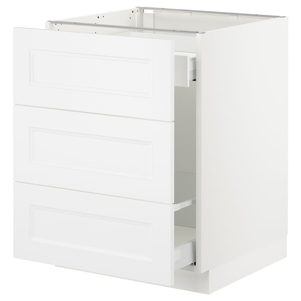 White SEKTION kitchen cabinet with three drawers, sleek modern design, sturdy construction, fiberboard and steel components.