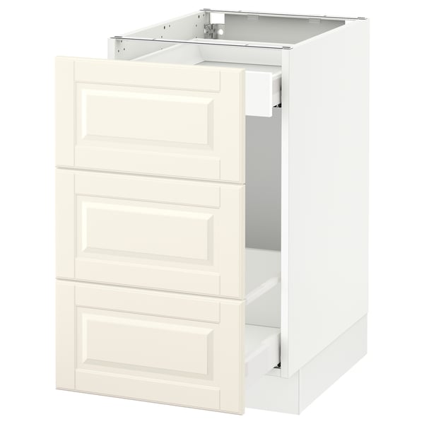 Off-white SEKTION cabinet with bevelled edges & 3 drawers. Modern classic design for traditional kitchens.