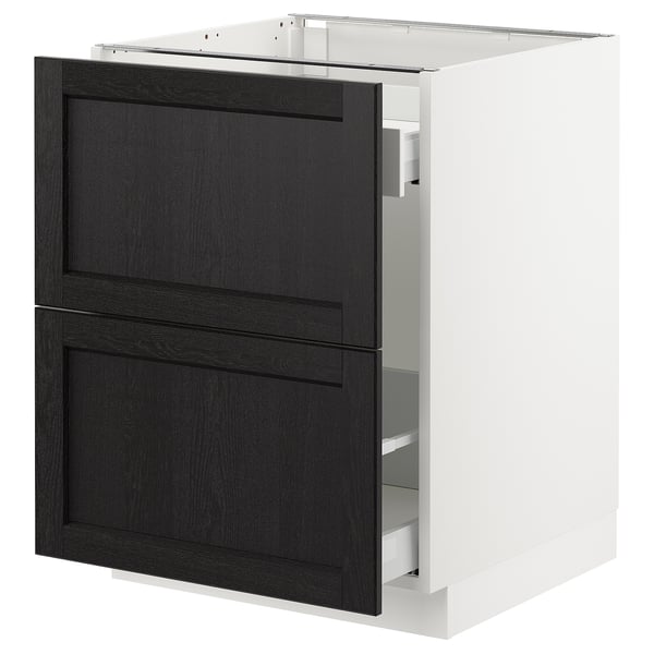 Black and white kitchen cabinet with drawers, traditional design.