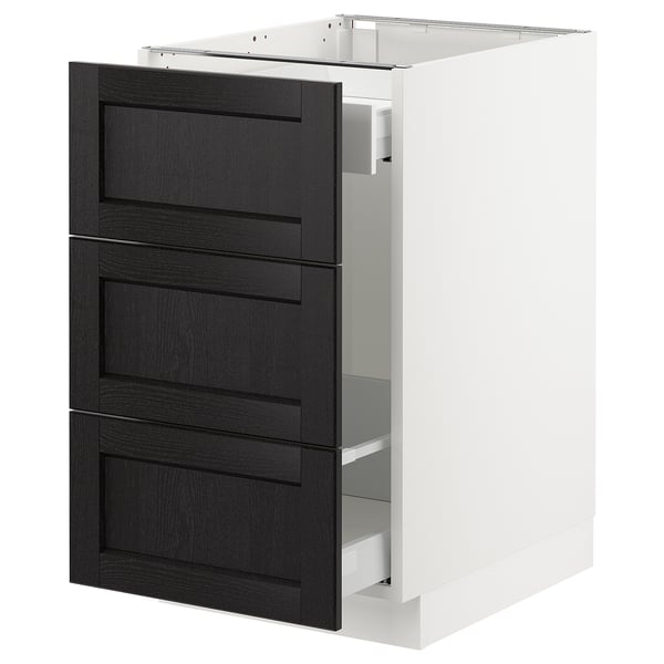 Ikea SEKTION kitchen cabinet with dark ash drawers and white base, featuring three modern full-extension drawers.