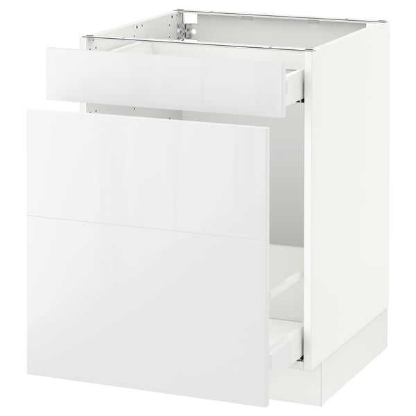 An ikea SEKTION kitchen cabinet in white with a glossy finish. It includes a drawer with a sleek design and a sturdy frame.