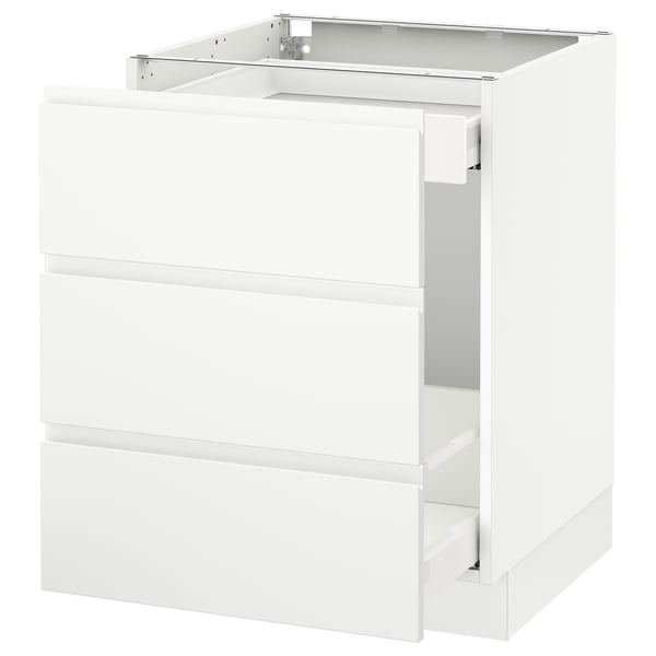 White kitchen cabinet with drawers, modern minimalist design, high gloss finish.