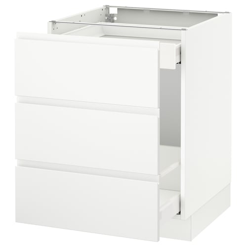 White kitchen cabinet with drawers, modern minimalist design, high gloss finish.