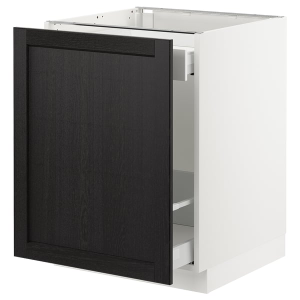 Modern kitchen cabinet, white, rectangular, with dark stained wooden door, smooth drawer, designed by SEKTION.