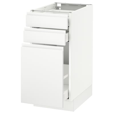 Depicts a white SEKTION kitchen cabinet with three drawers and one door, featuring minimalist handles.