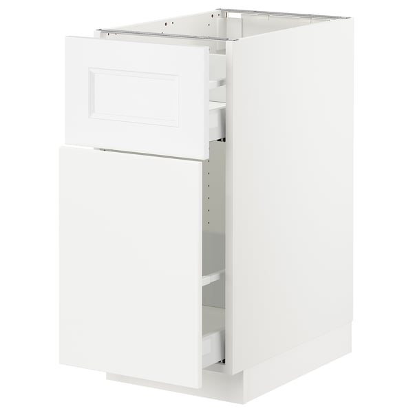 A white SEKTION kitchen cabinet with a drawer. Its rectangular, mostly flat, with a sleek design.