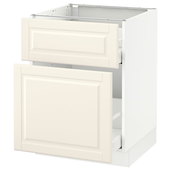 An off-white kitchen cabinet from the SEKTION series with two drawers, made of particleboard and featuring a traditional design with bevelled edges.