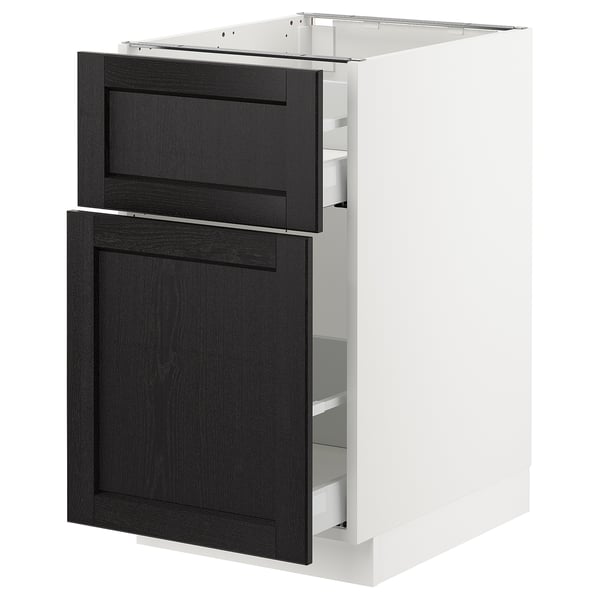 SEKTION kitchen cabinet in white with black-stained wood drawers and door featuring traditional character.