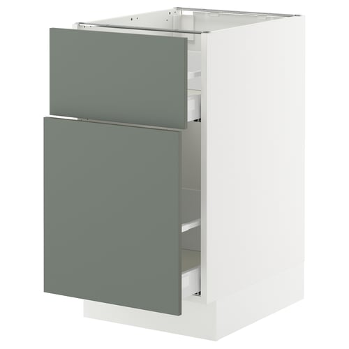 SEKTION kitchen cabinet in greenish-grey with two drawers and white base.