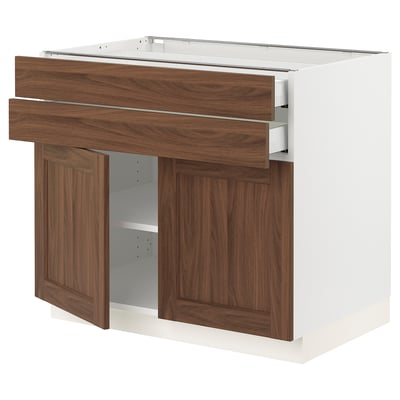 SEKTION / MAXIMERA Base cabinet w 2 doors/2 drawers, white Enköping/brown walnut effect, 36x24x30 "
