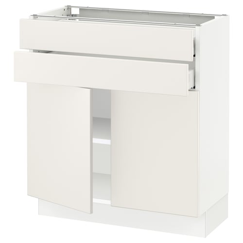 White SEKTION kitchen unit with drawer and shelves.
