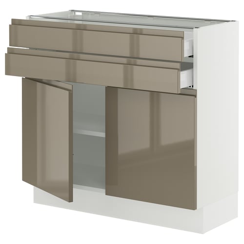 Modern high gloss dark grey-brown kitchen cabinet with integrated handles and adjustable shelves.