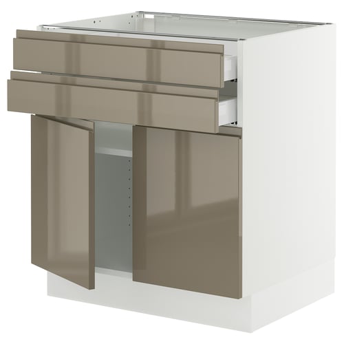 Modern kitchen cabinet, high-gloss dark grey-brown, stainless steel handles, rectangular, sleek design.