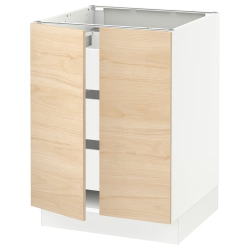 Modern white kitchen cabinet with light wooden doors, featuring two open sections and a sleek design.