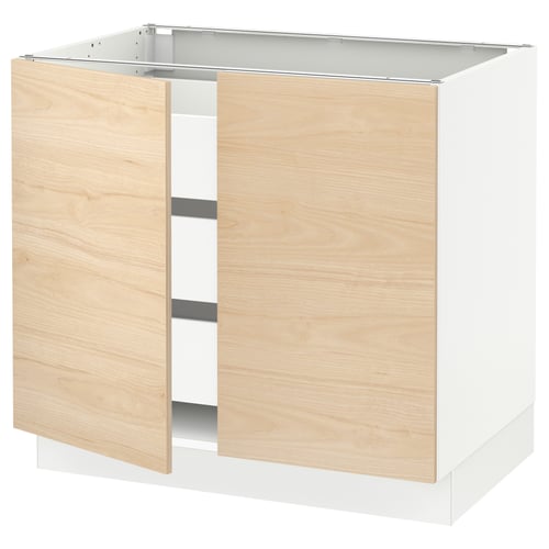 Ikea SEKTION light ash wood kitchen cabinet with white base.