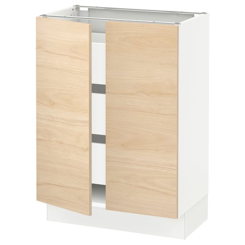 Ikea SEKTION kitchen cabinet, light ash wood, white frame, two doors, square shape.