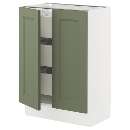 A green and white cabinet with two open doors, part of the SEKTION kitchen system featuring gray-green axstad fronts.