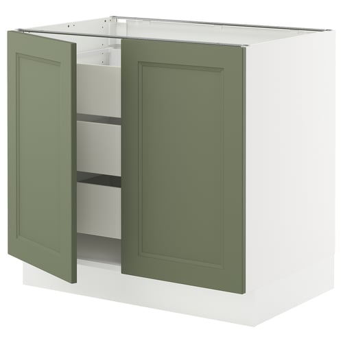 Ikea SEKTION kitchen unit, green-grey doors, white base, open left door showing shelves.