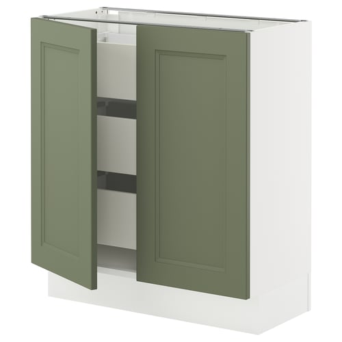 An ikea SEKTION kitchen cabinet with greenish-gray doors, open to show inner shelves, in a square shape.