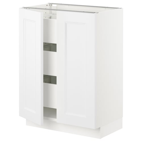 This image shows a white SEKTION cabinet with two doors, a modern design, and metal hinges. Its part of the ikea kitchen system.