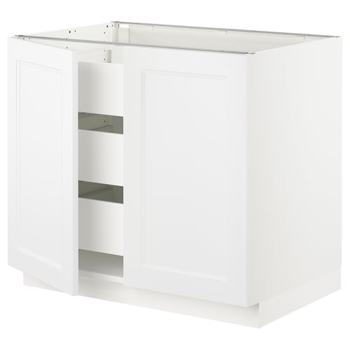 White SEKTION kitchen cabinet with three shelves and flat panel design.