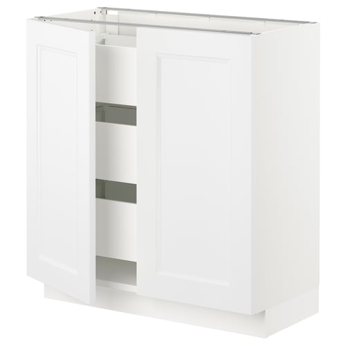SEKTION kitchen cabinet in white with two open doors, showing metal shelves.