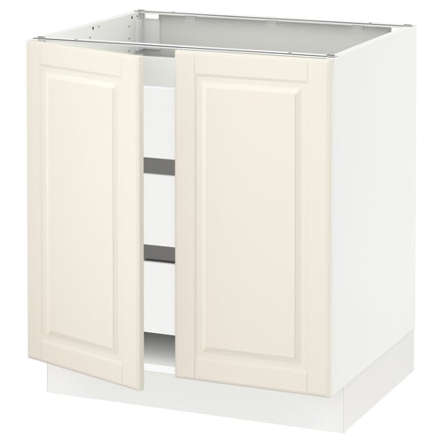 An off-white SEKTION kitchen cabinet with two open doors and a drawer. The cabinet is rectangular and a traditional design with bevelled edges.