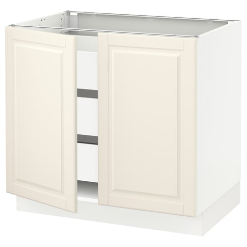 White kitchen cabinet, SEKTION series, off-white colour, rectangular shape, featuring two doors with bevelled edges and one open shelf.