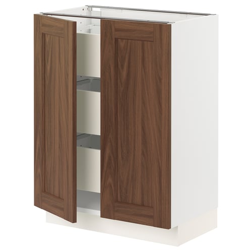 An open white base cabinet with two wooden doors, a frame, and three shelves. The cabinet is part of the SEKTION kitchen system.