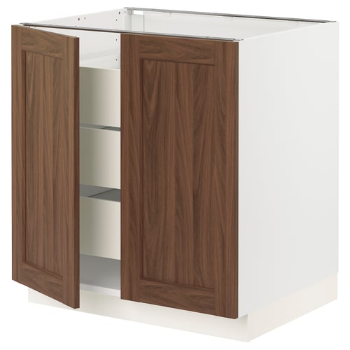 Ikea SEKTION white and walnut kitchen cabinet with wooden doors.