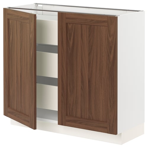 SEKTION kitchen unit: brown wood doors, white base, soft-close hinges.