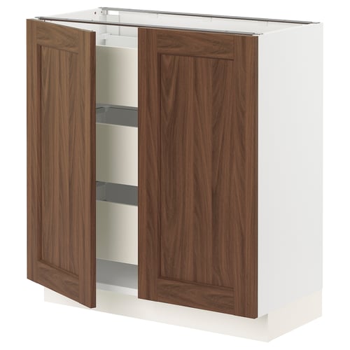 An open wooden cabinet from the SEKTION kitchen system with walnut-looking doors and white frame, featuring multiple shelves inside.
