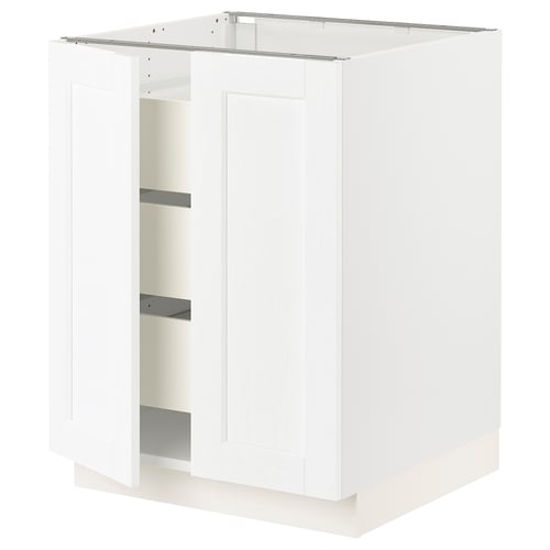 White SEKTION kitchen cabinet with one open door, showcasing interior shelves. Square design, modern look.
