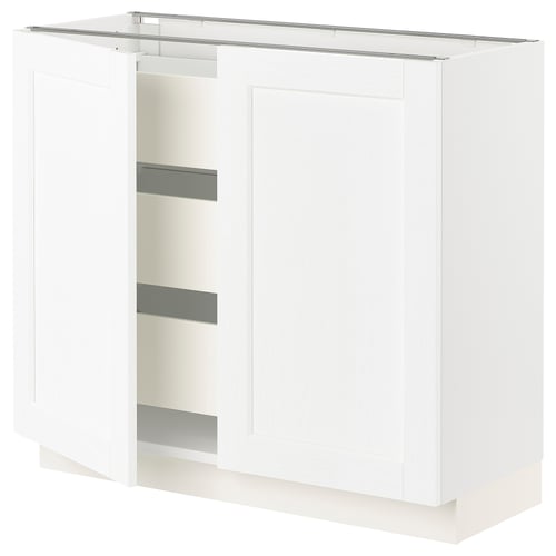 White SEKTION kitchen cabinet with sleek design, metallic handles, and multiple drawers.
