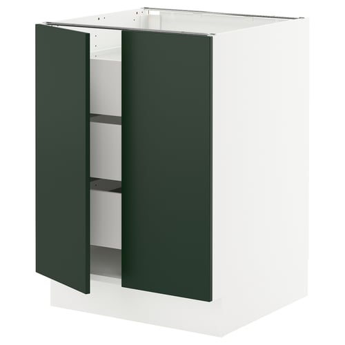 Modern kitchen cabinet in green with white frame and shelves.