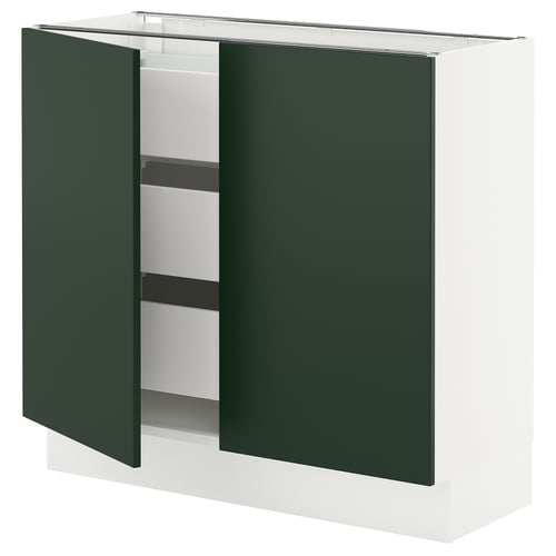 SEKTION kitchen cabinet with dark green havstorp doors, white base, full-height.