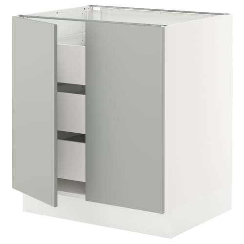 SEKTION kitchen cabinet in light grey with adjustable shelves and smooth drawers.