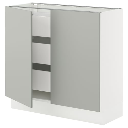 A modern, light grey SEKTION kitchen cabinet with a sleek, minimalist design and two open drawers.
