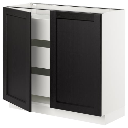 A dark grey SEKTION kitchen cabinet with one door open, revealing shelves inside.